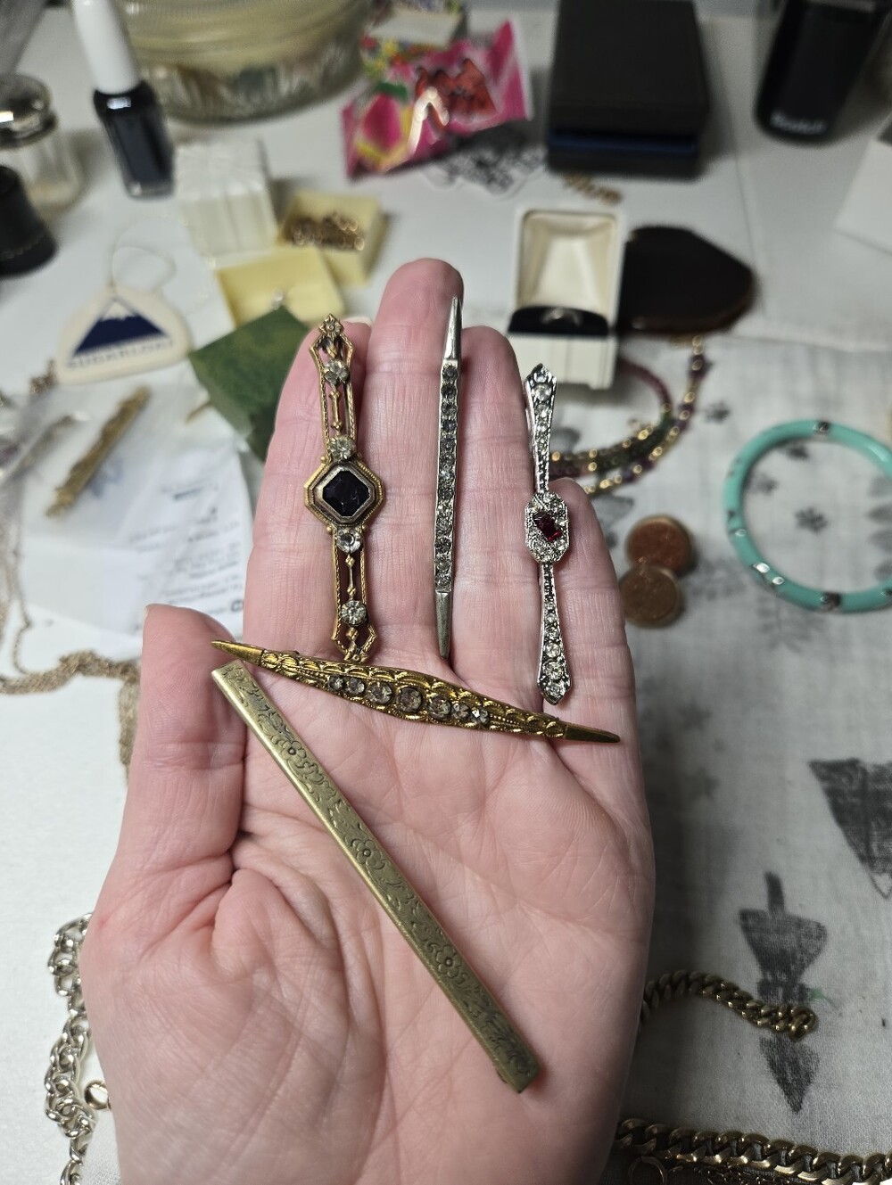 Gold Filled, Gold Tone and Silver Vintage Bar Pin Set - Women's Jewelry